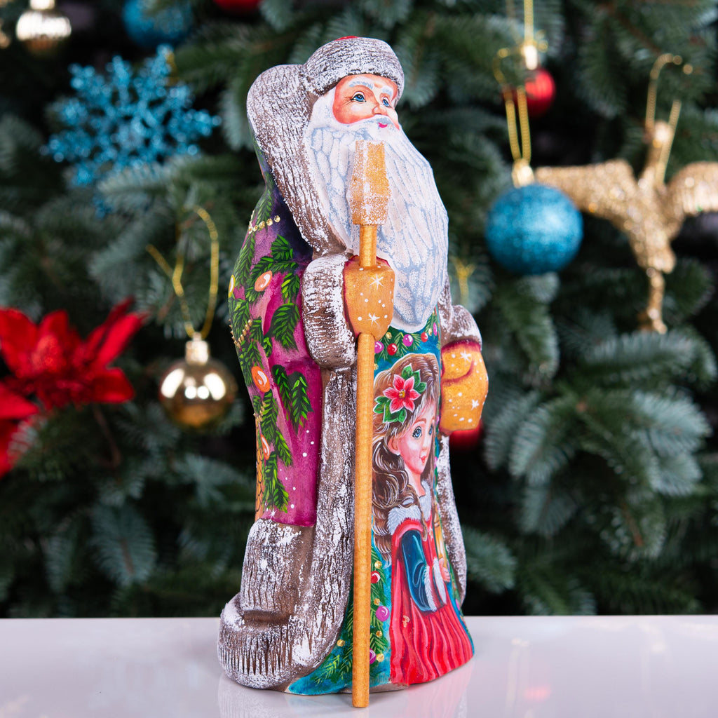 Santa figurine with staff, hand painted girl with lantern, 9.4 inch