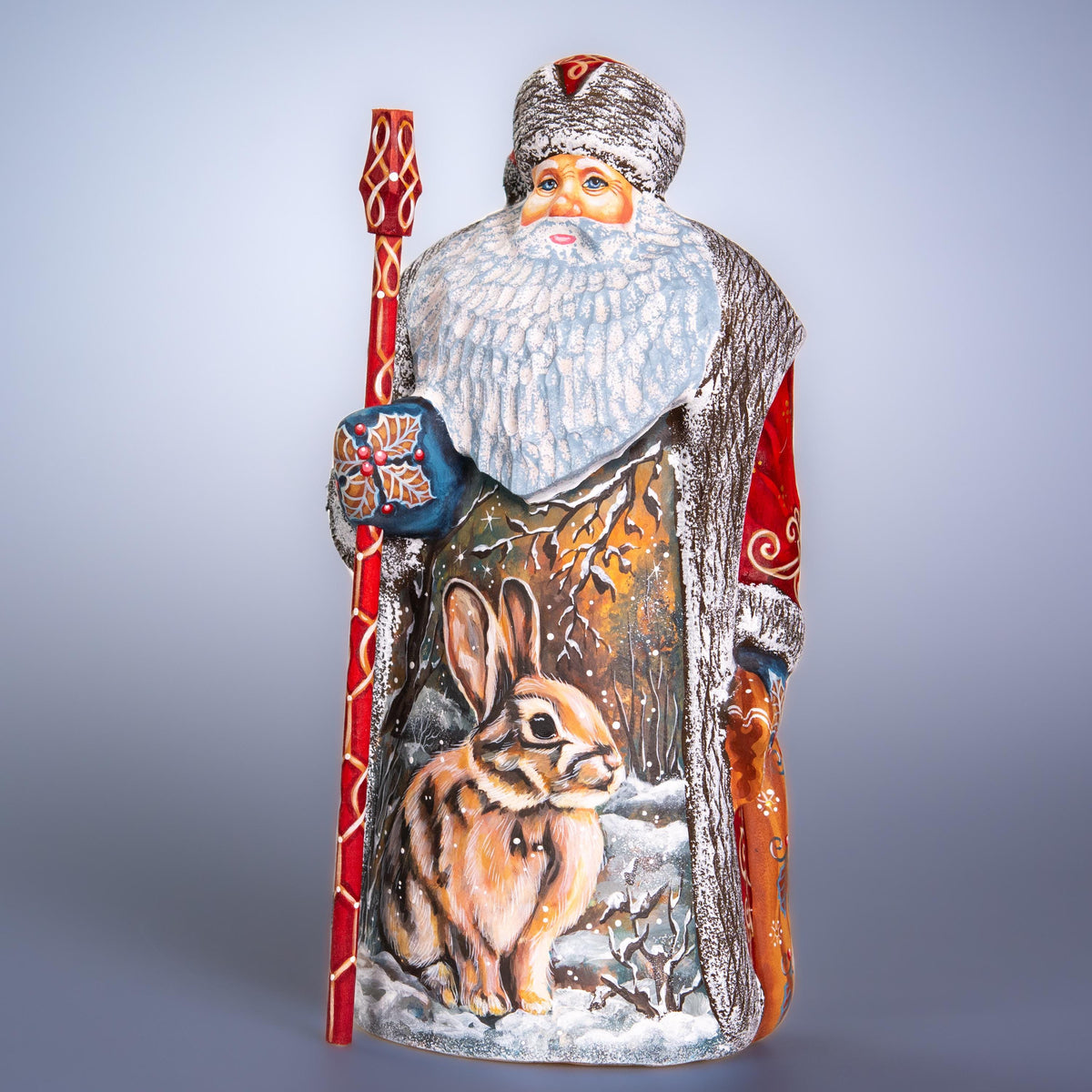 Hand carved Old-World Santa wooden figurine 9.5 inch, winter rabbit scene, mantel decor