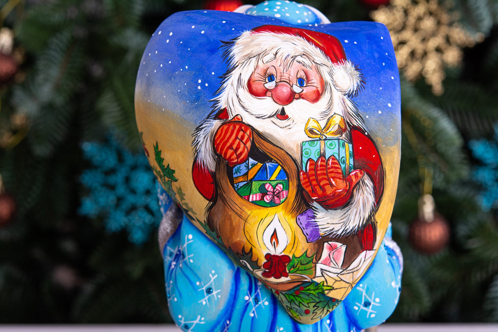 Hand carved Santa wooden statue 11 inch, folk art backpack scene