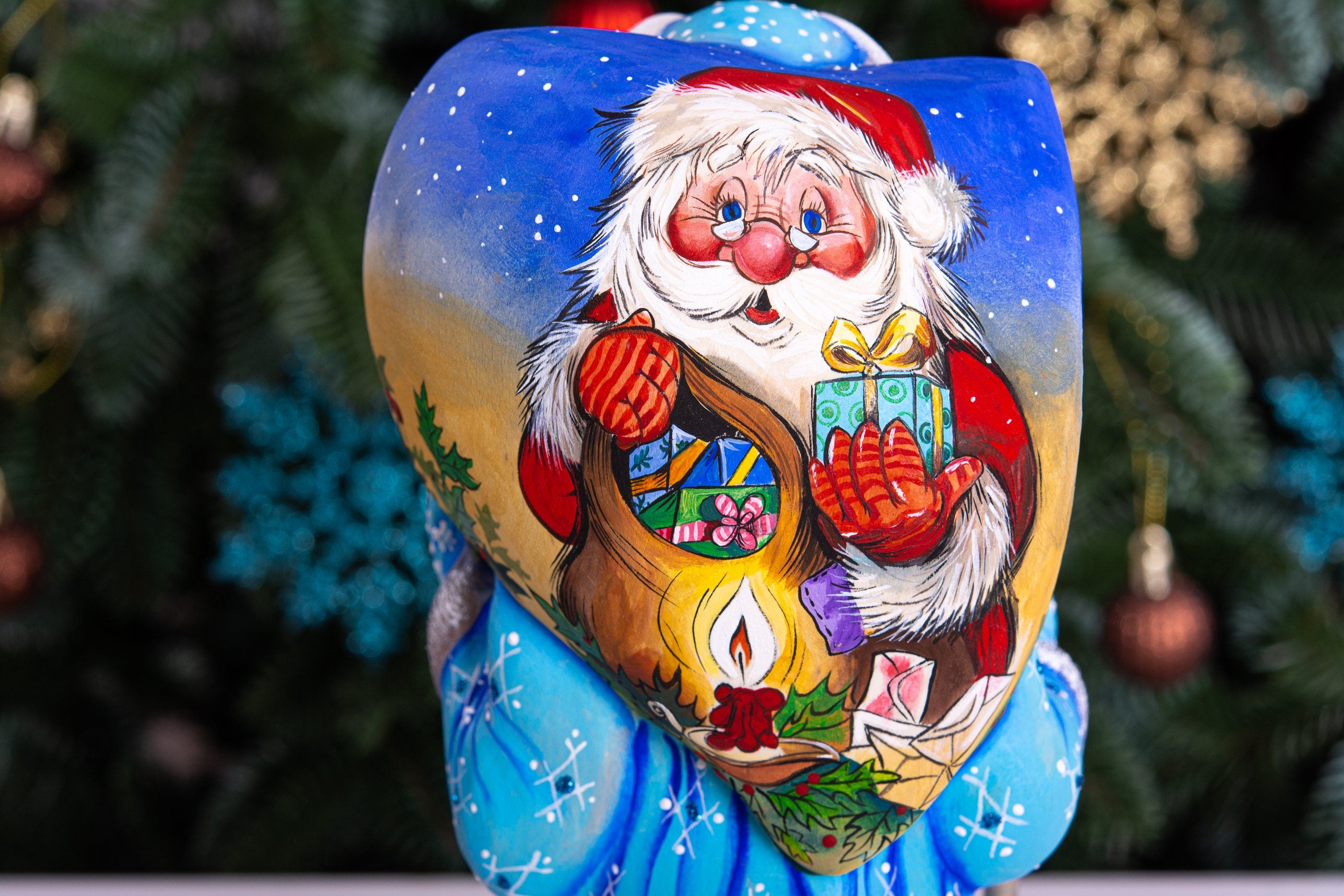 Hand carved Santa wooden statue 11 inch, folk art backpack scene