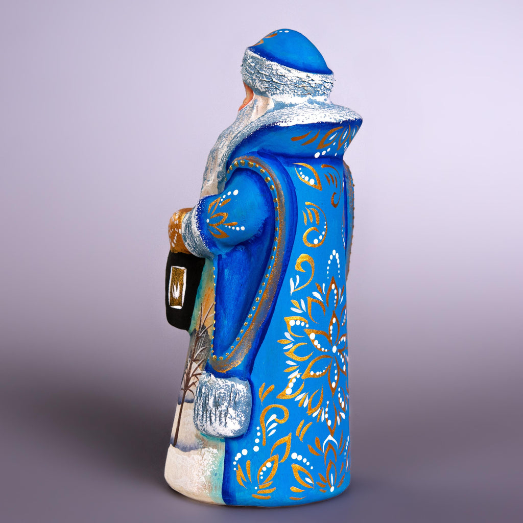 Hand Carved Wooden Santa Figurine 7", Blue Coat, Lantern, Old World