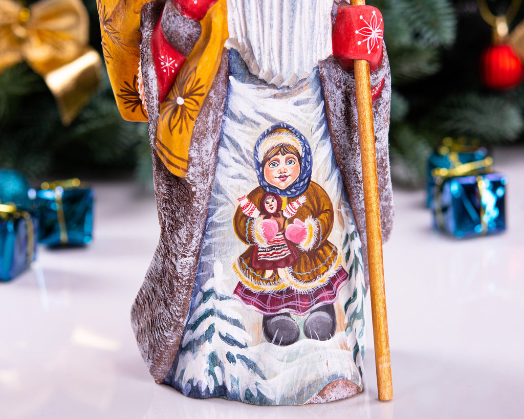 Old-World Santa wooden figurine 9.4 inch, child with doll painting, Christmas mantel decor