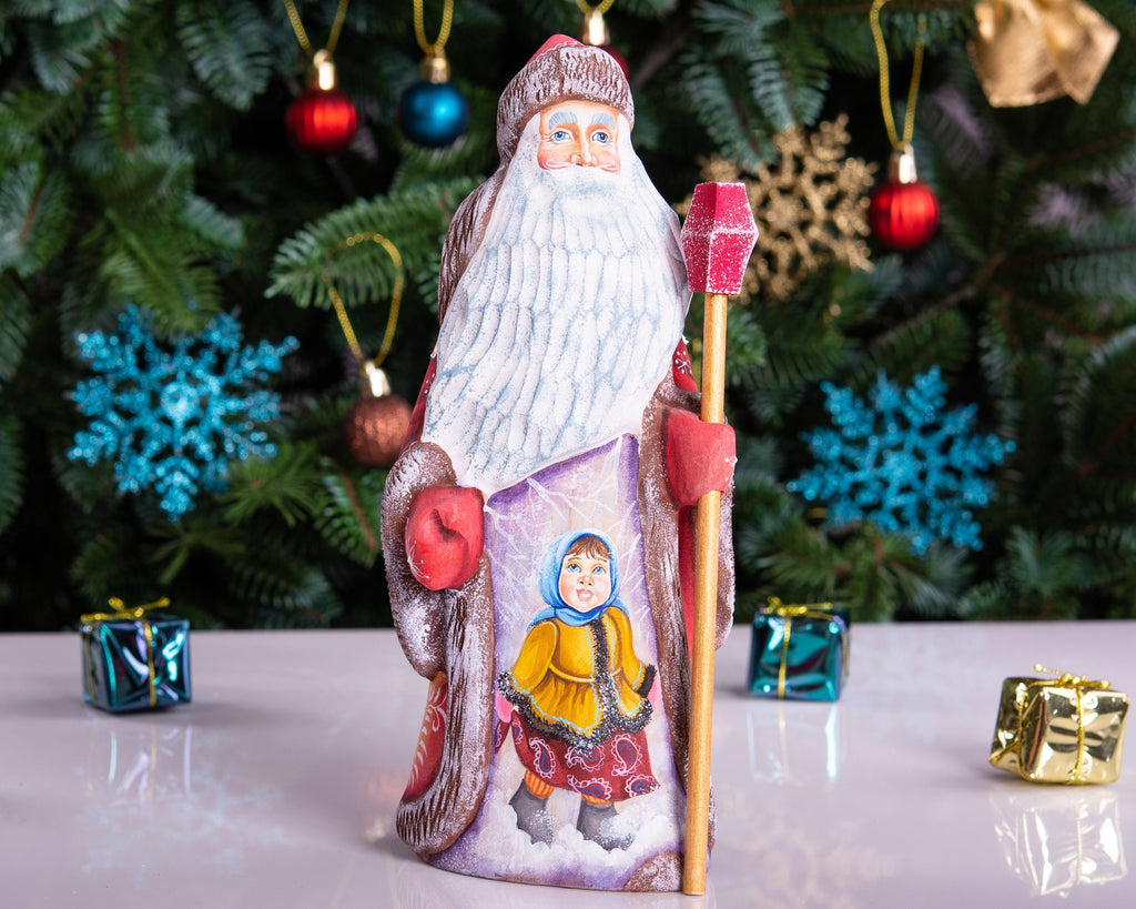 Hand carved Russian Santa figurine 8.7 inch, winter girl scene, Christmas mantel decor