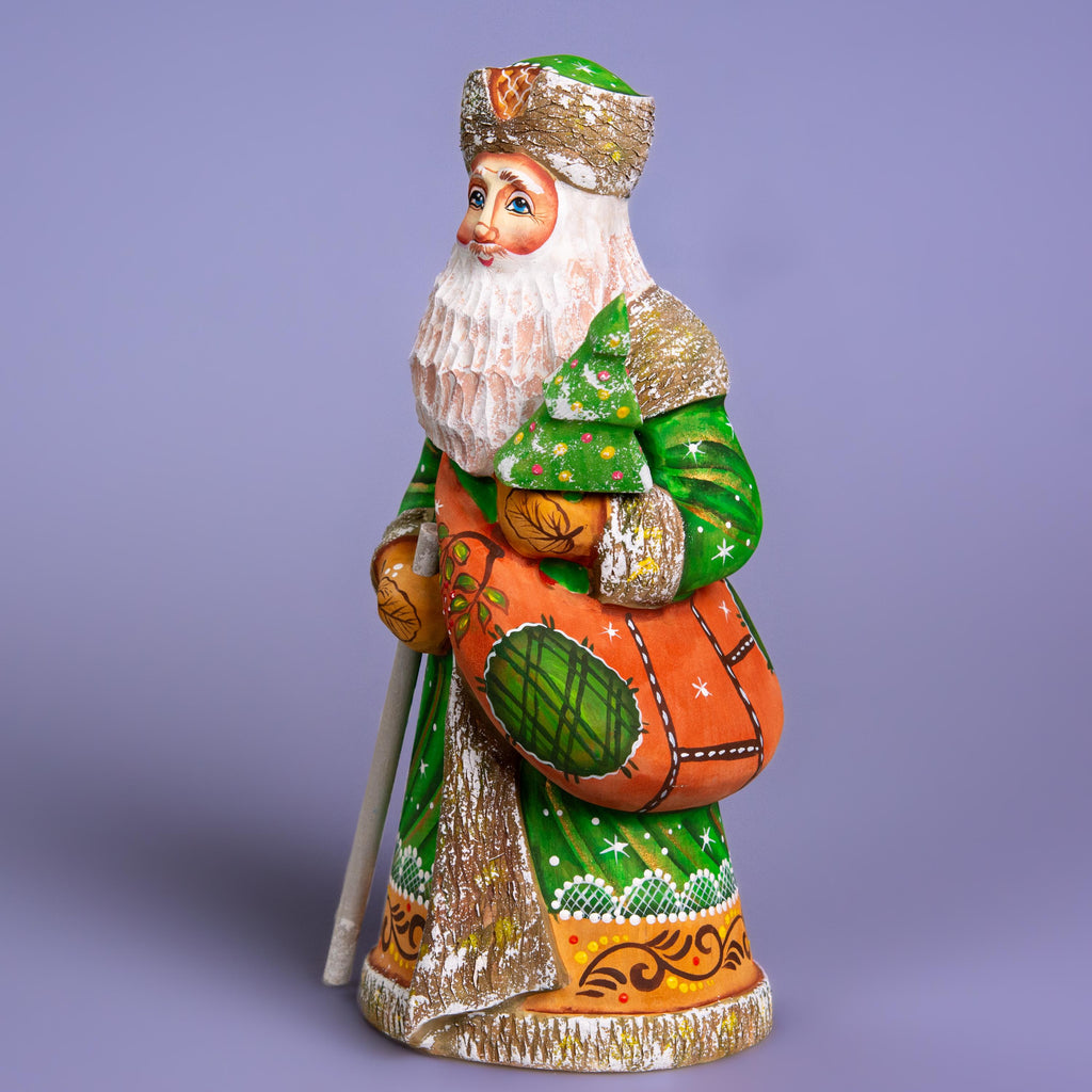 Hand carved wooden Saint Nicholas figurine 9 inch, green coat, holiday shelf decor