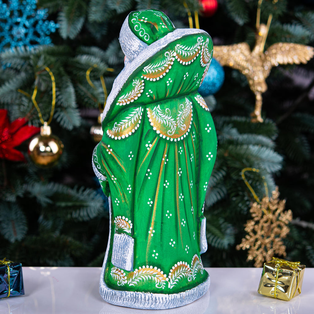 Green Santa wooden figurine 9.5 inch, hand carved Christmas mantel decor
