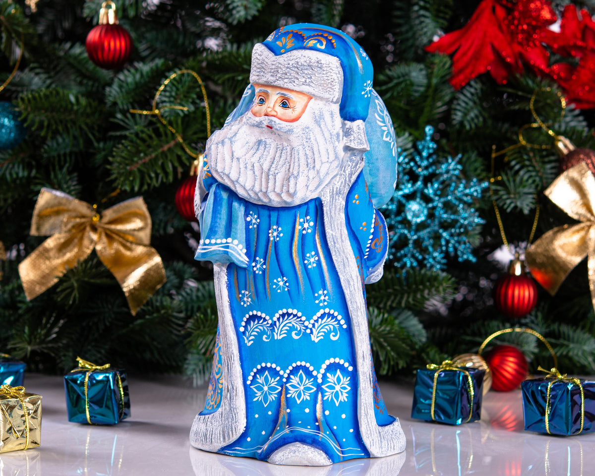 Wooden Santa Figurine in Blue with Sack 9", Hand Painted Shelf Decor