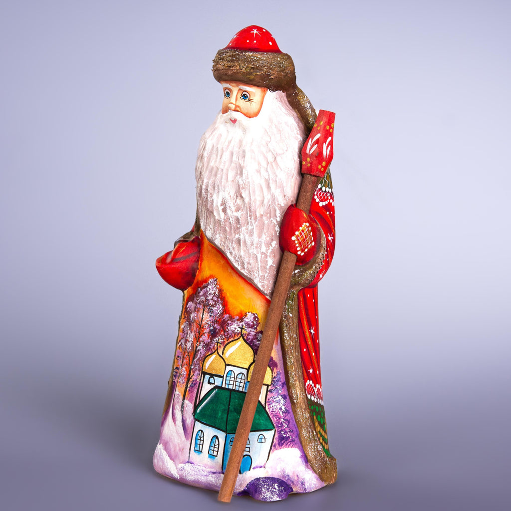 Hand Painted Santa Figurine: Carved Wood, Church Scene, Signed