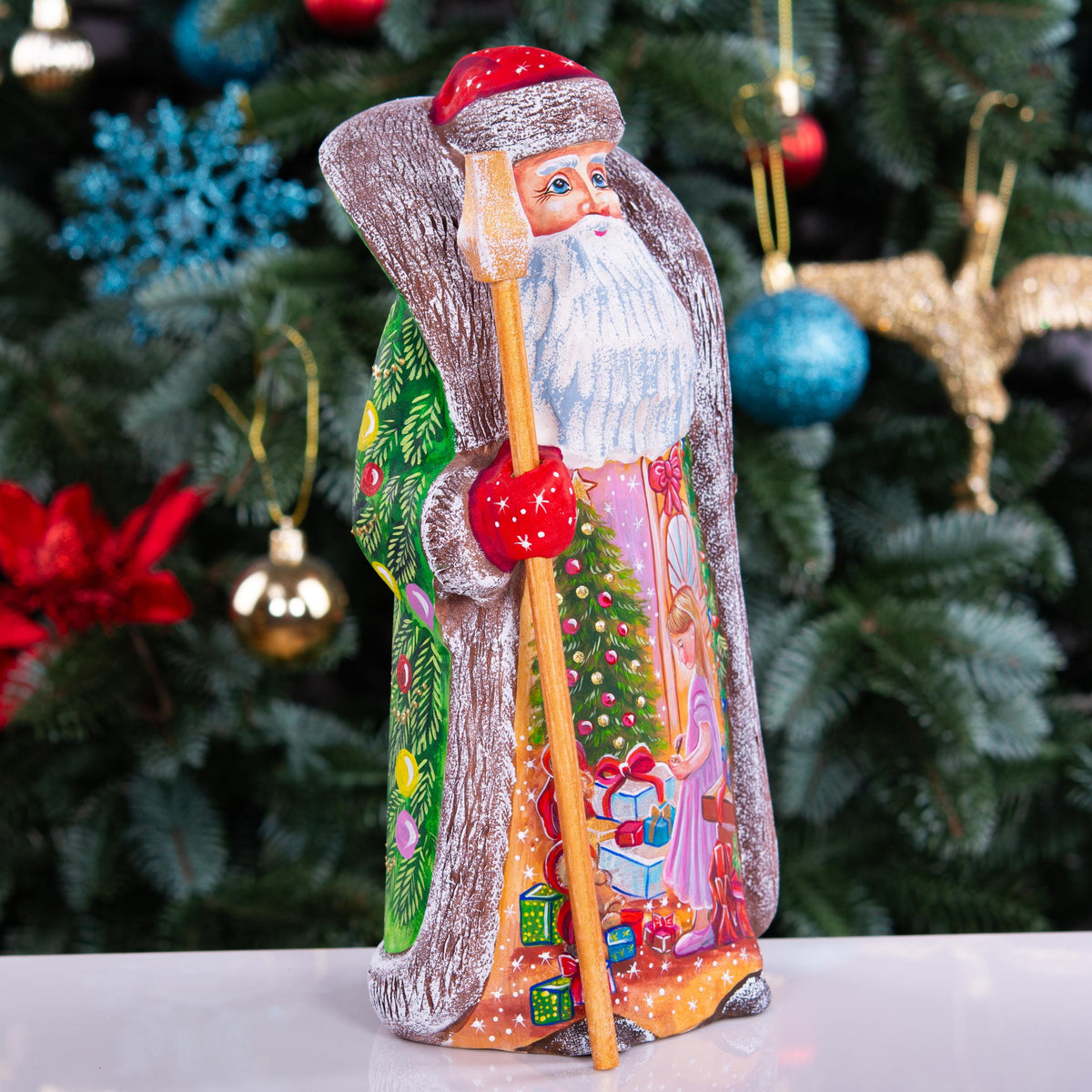 Hand Carved Santa Figurine 9 inch: Christmas Girl Scene, Festive Door Art