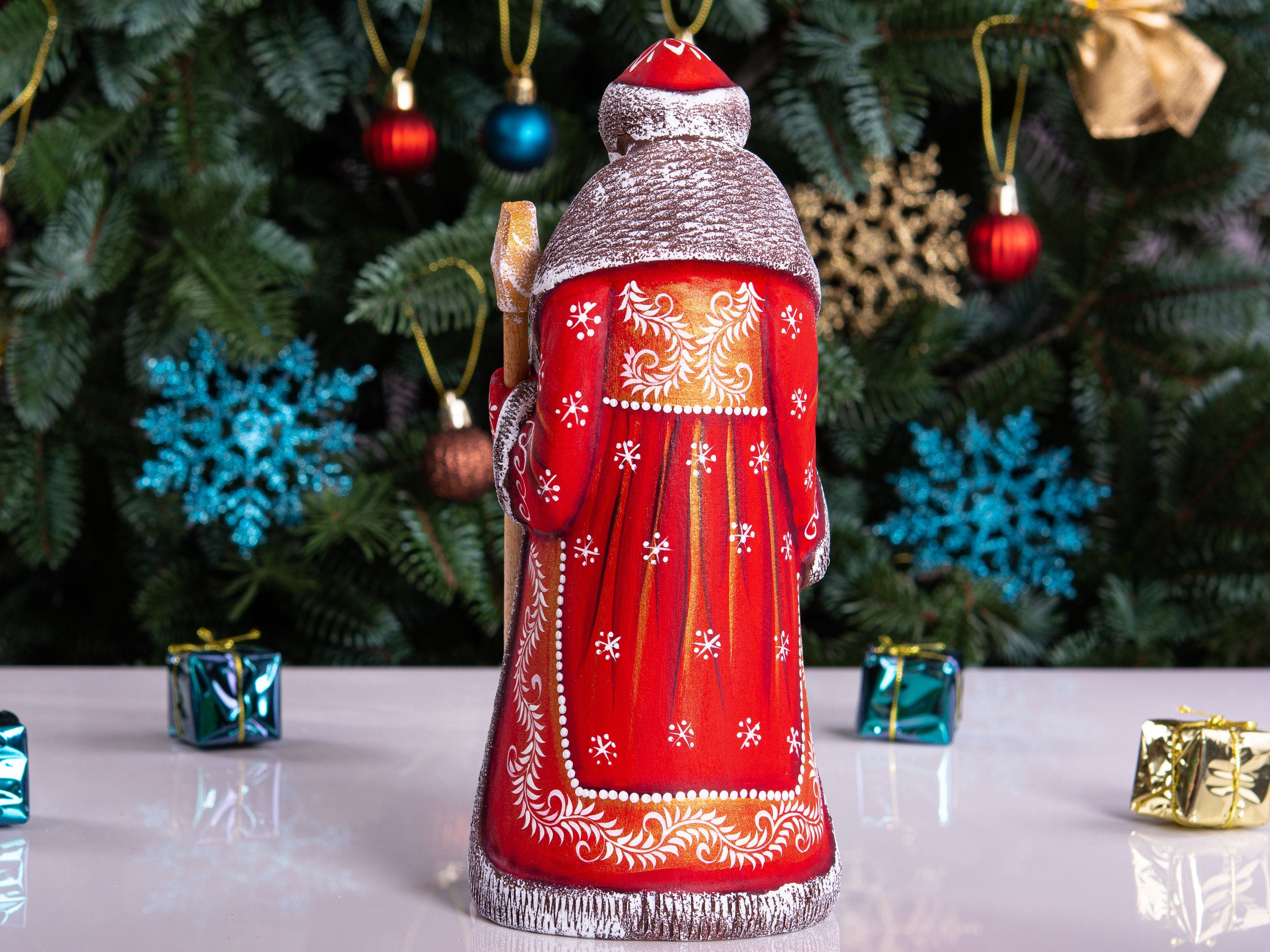 Hand carved Santa wooden figurine 9 inch, Christmas tree accent, shelf decor