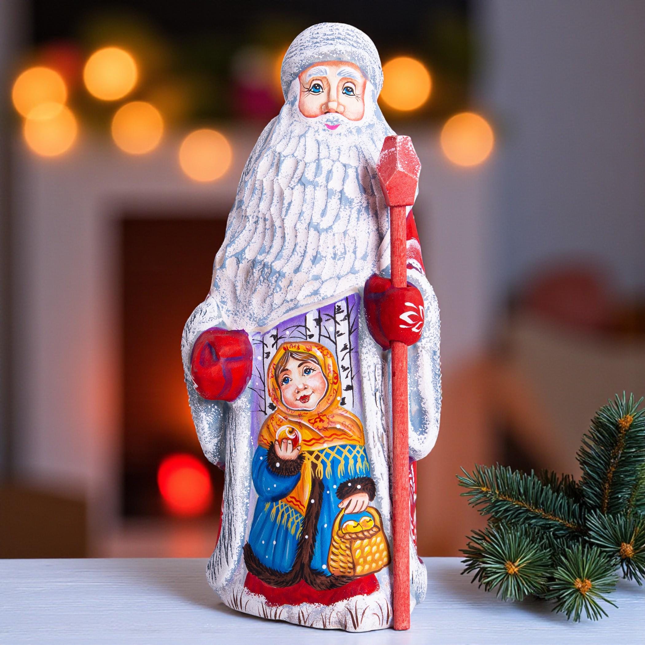 Hand carved Russian Santa figurine 9 inch, girl with basket, Christmas mantel decor