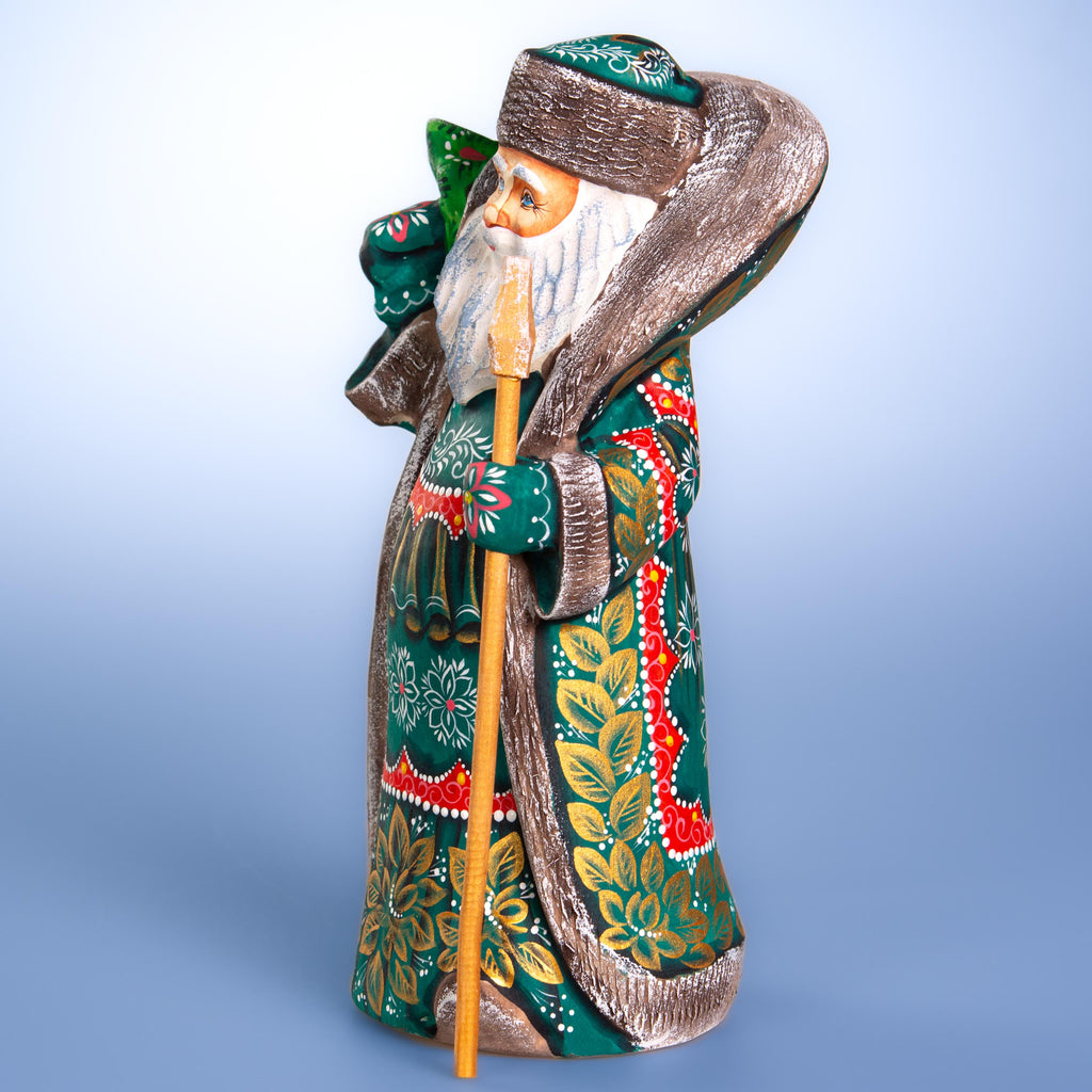 Old World Santa figurine 10.2 inch, carved wood, emerald coat, holiday shelf decor