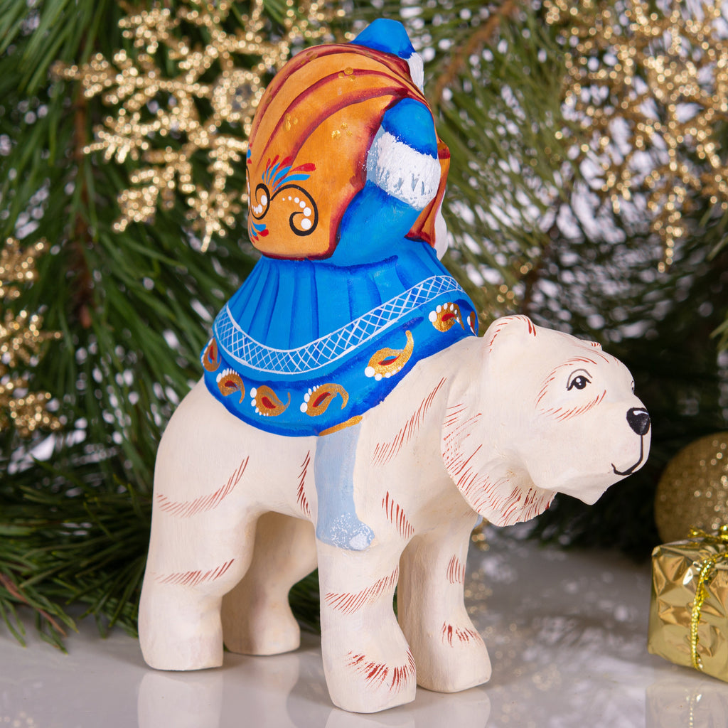 Old World Santa figurine riding polar bear, hand painted 6 inch