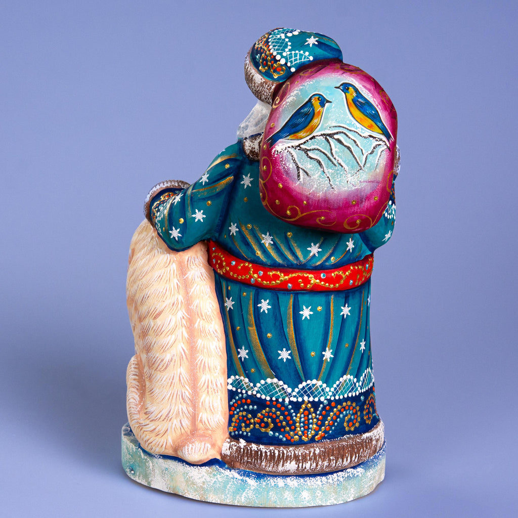 Blue Santa with Polar Bear Cub, 9" Hand Carved Wooden Figurine