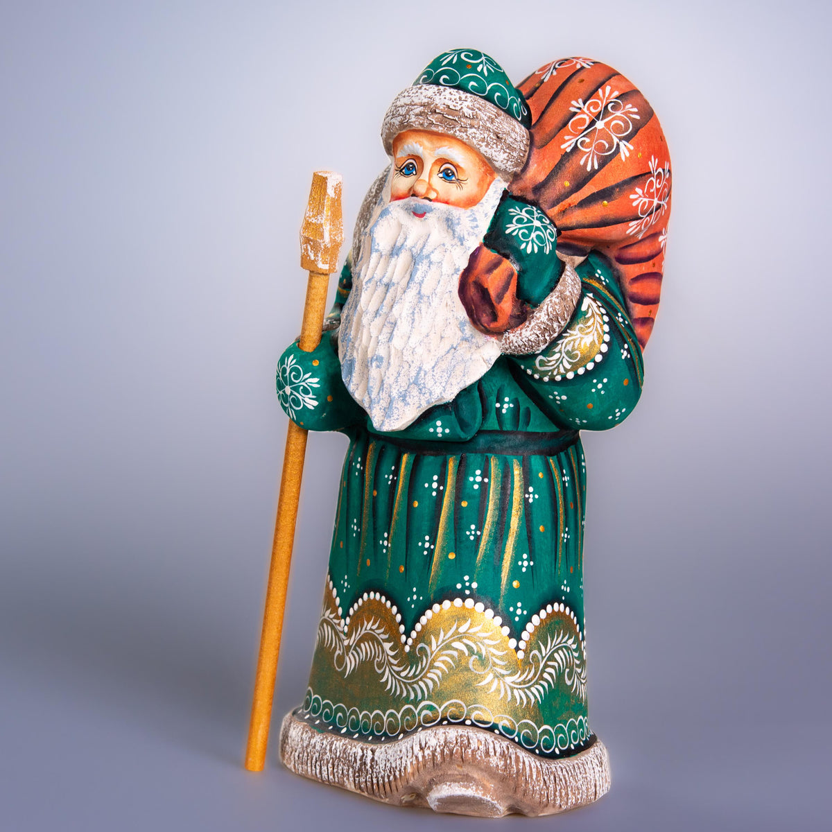 Hand carved Old-World Santa wooden figurine 9 inch, staff and gift sack, mantel decor