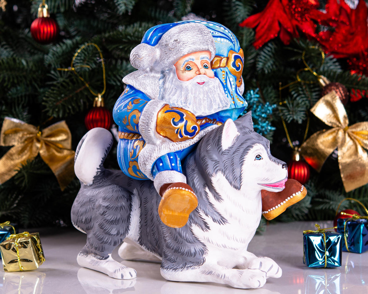 Hand carved Santa riding husky dog wood carving 9 inch, rustic holiday centerpiece