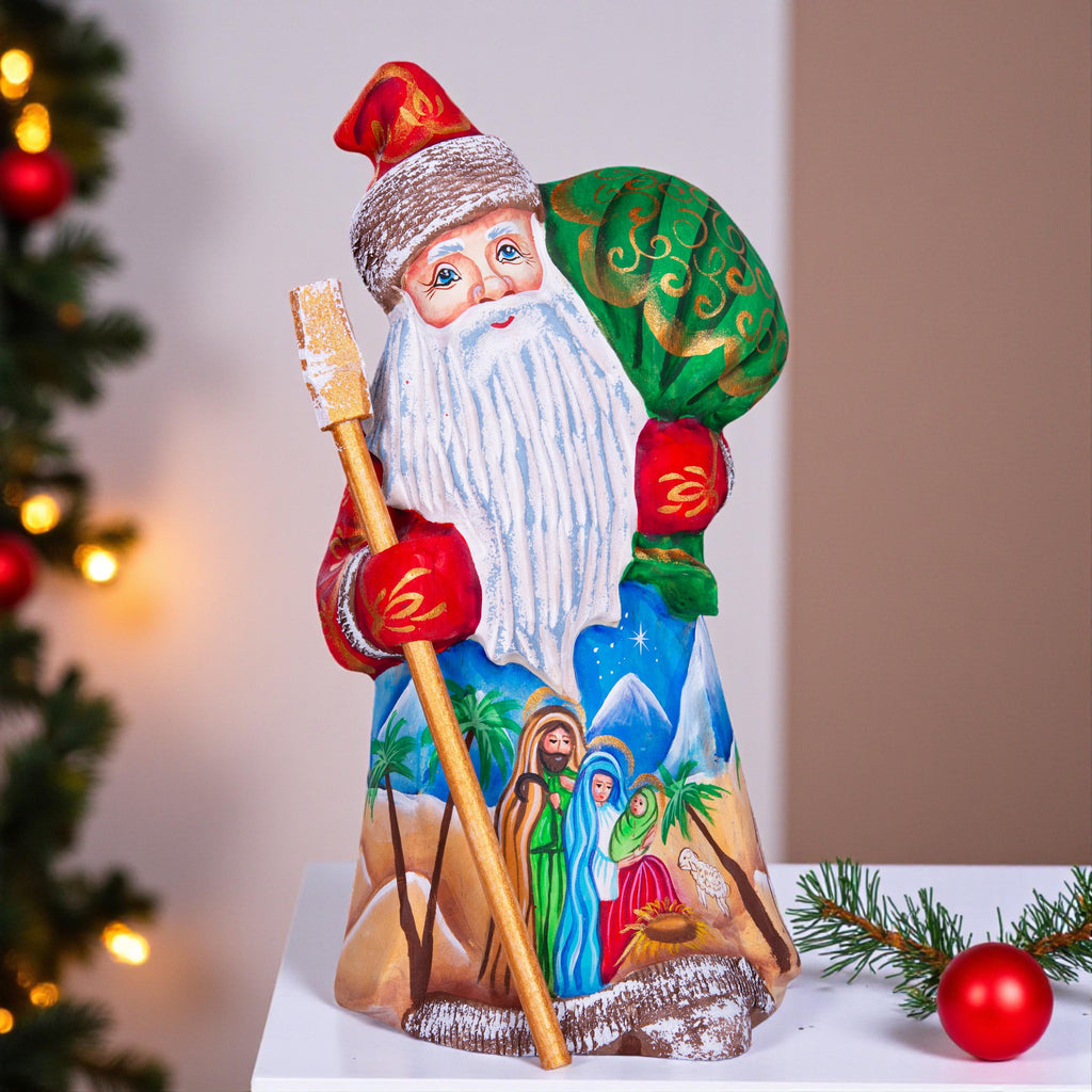 Nativity Santa wood statue 8 inch, Holy Family desert scene, religious shelf Christmas display