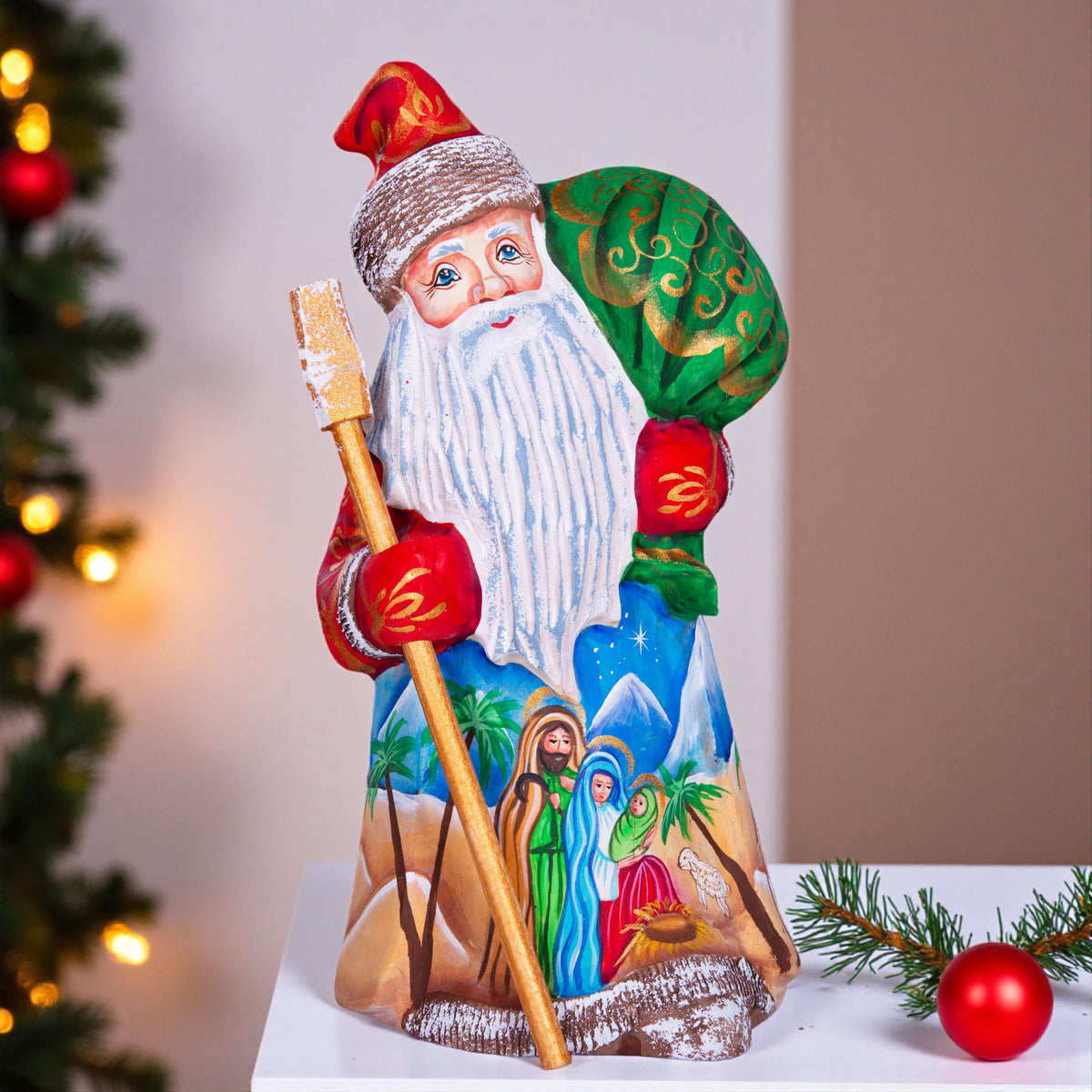 Nativity Santa wood statue 8 inch, Holy Family desert scene, religious shelf Christmas display