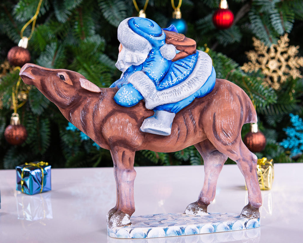 Old World Santa wooden figurine 8 inch, moose ride mantel display