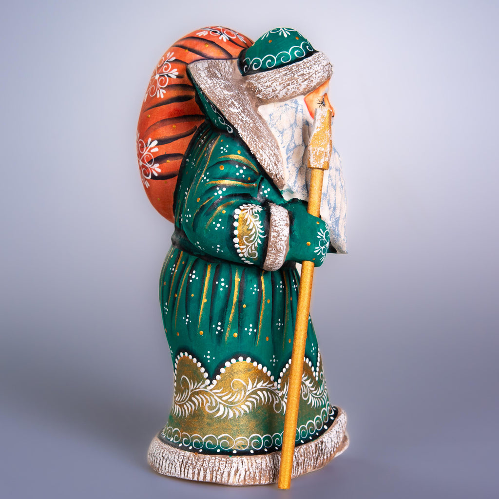 Hand carved Old-World Santa wooden figurine 9 inch, staff and gift sack, mantel decor