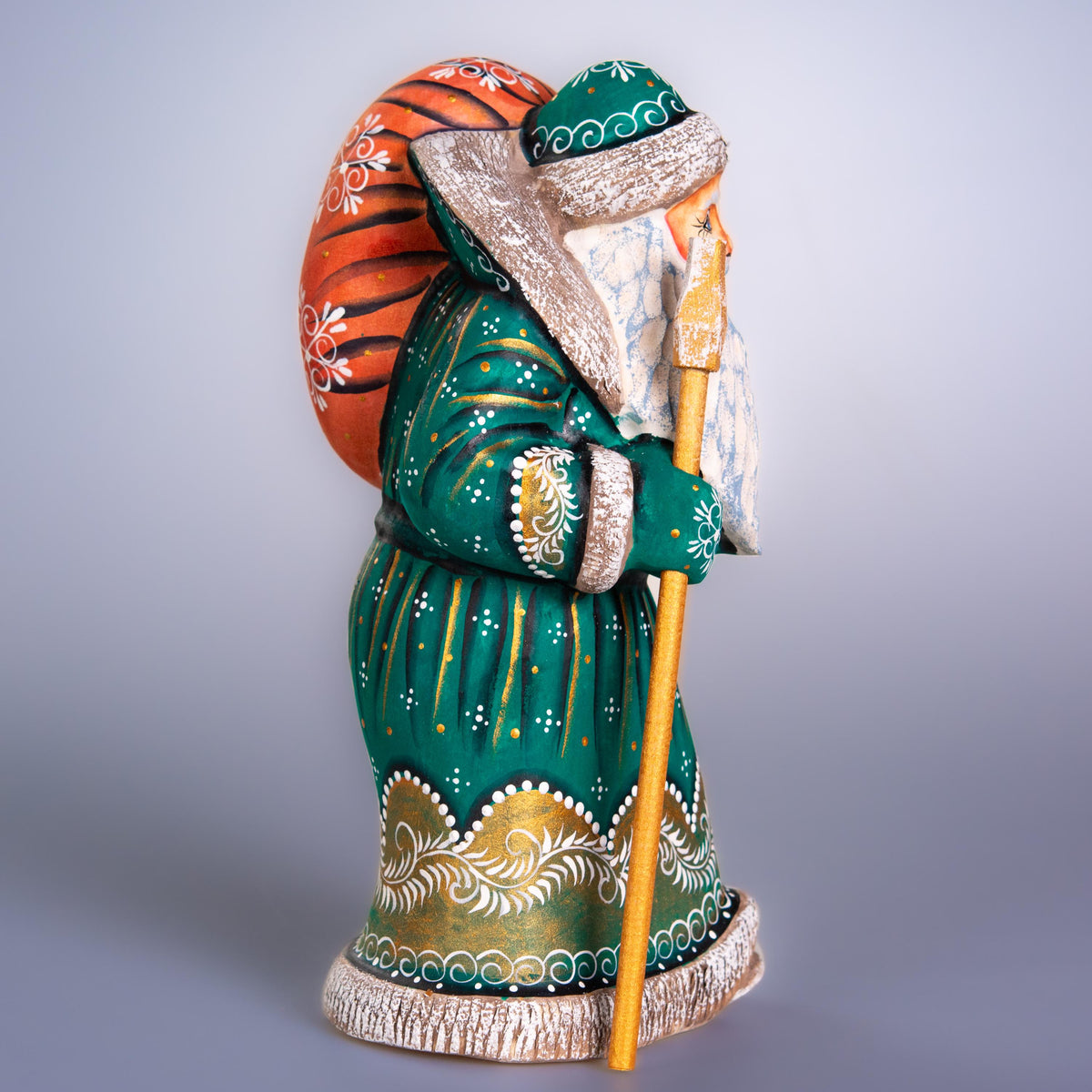 Hand carved Old-World Santa wooden figurine 9 inch, staff and gift sack, mantel decor