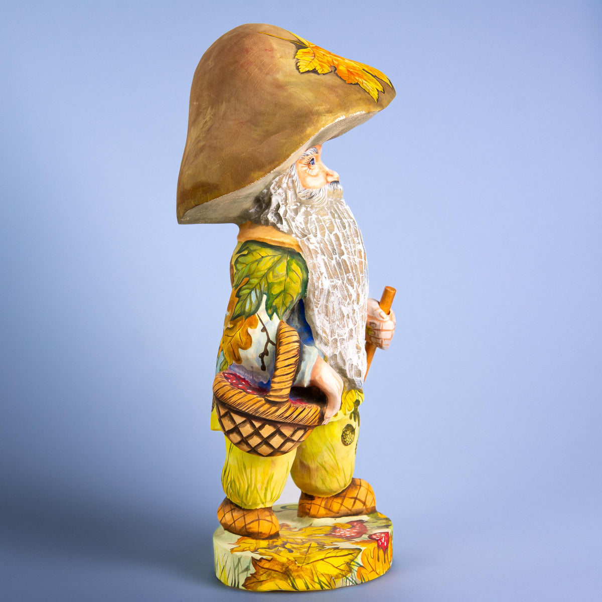 Mushroom gnome wood carving 11 inch, oak leaves, tabletop decor
