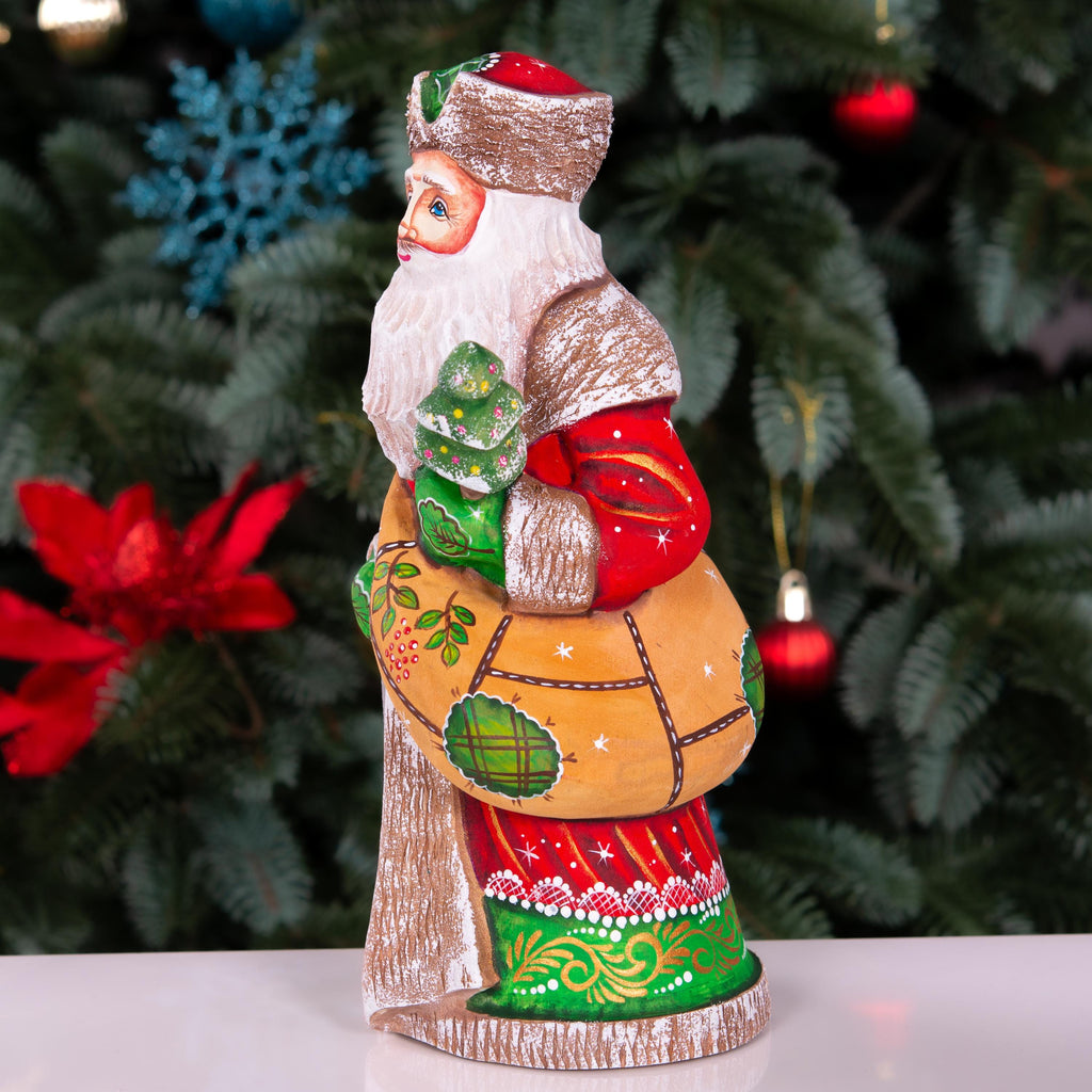 Hand-Carved Wooden Saint Nicholas Figurine 9", Small Tree, Christmas Shelf Decor