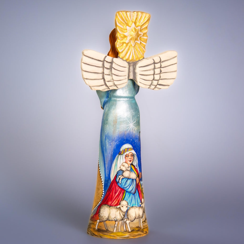 Hand carved wooden angel figurine 13 inch, Bethlehem star shepherds scene, mantel decor