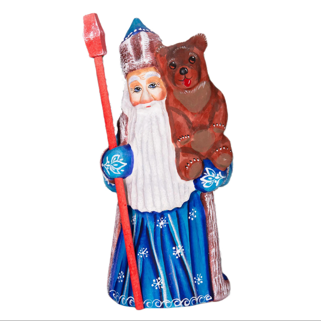 Old World Santa figurine 8.5 inch, carved wood, blue coat, holding bear, mantel display