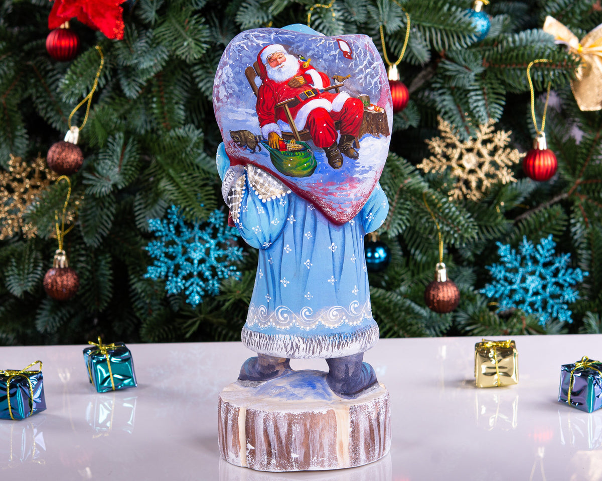 Hand carved Santa wooden statue 11 inch, Christmas scene on sack