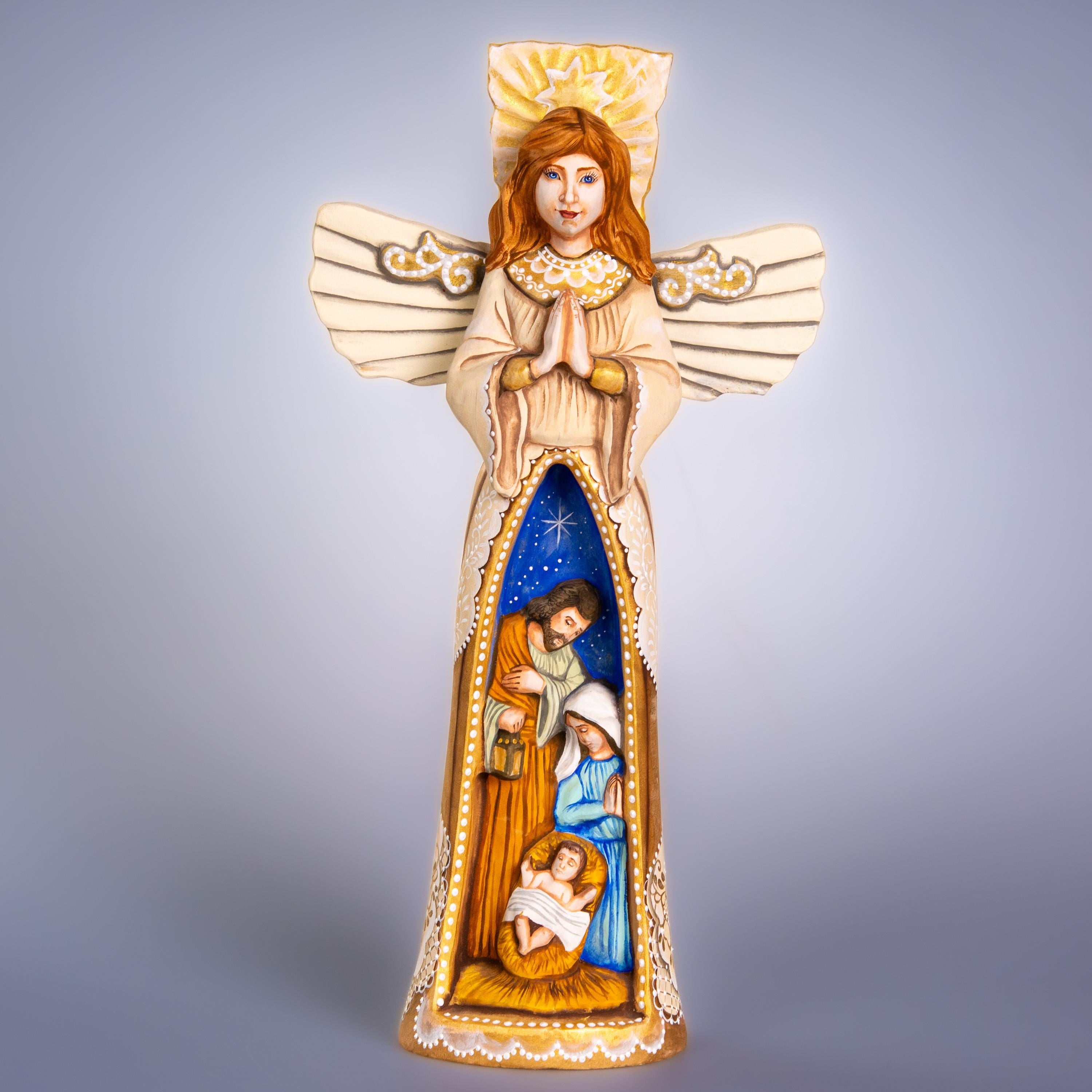 Angel Nativity wooden figurine 13 inch, Holy Family creche, mantel decor