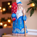 Santa figurine with staff, hand painted carved wood, shelf decor, 8.3 inch