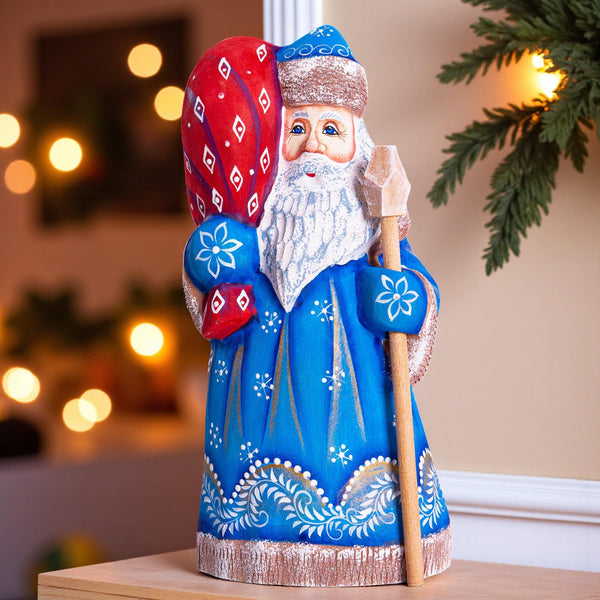 Santa figurine with staff, hand painted carved wood, shelf decor, 8.3 inch