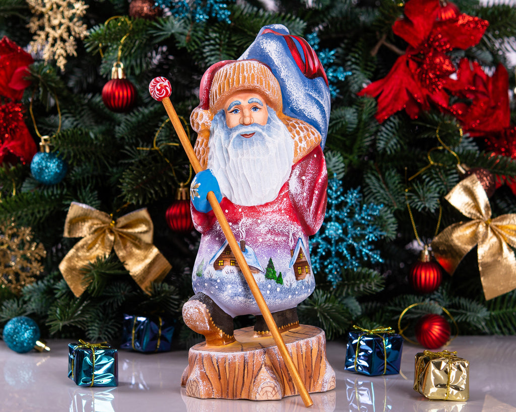 Hand carved Santa Claus figurine 10 inch, village landscape, holiday table centerpiece