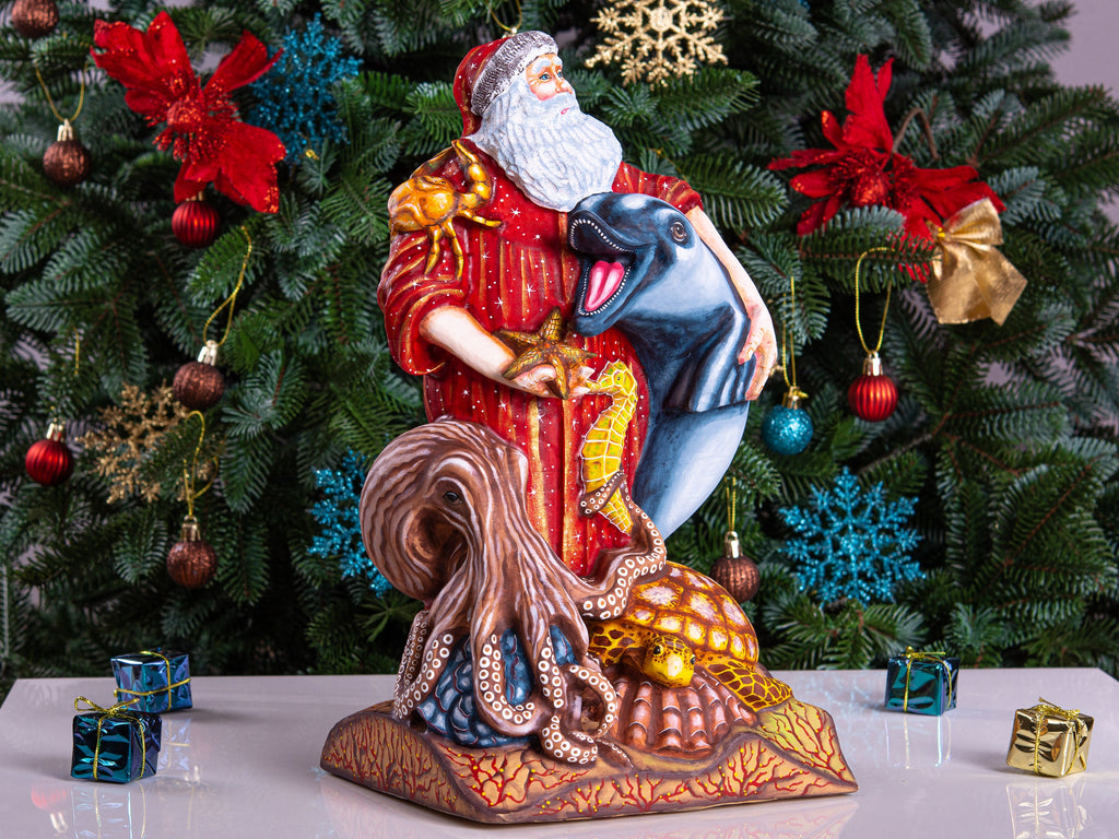 Hand-Carved Wooden Santa Claus Figurine: Ocean Theme Christmas Decor