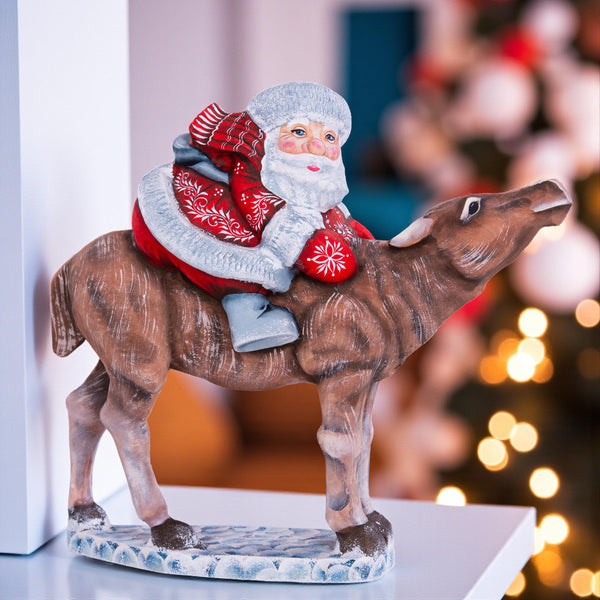 Hand carved wooden Santa riding reindeer figurine 8 inch, Nordic folk art centerpiece