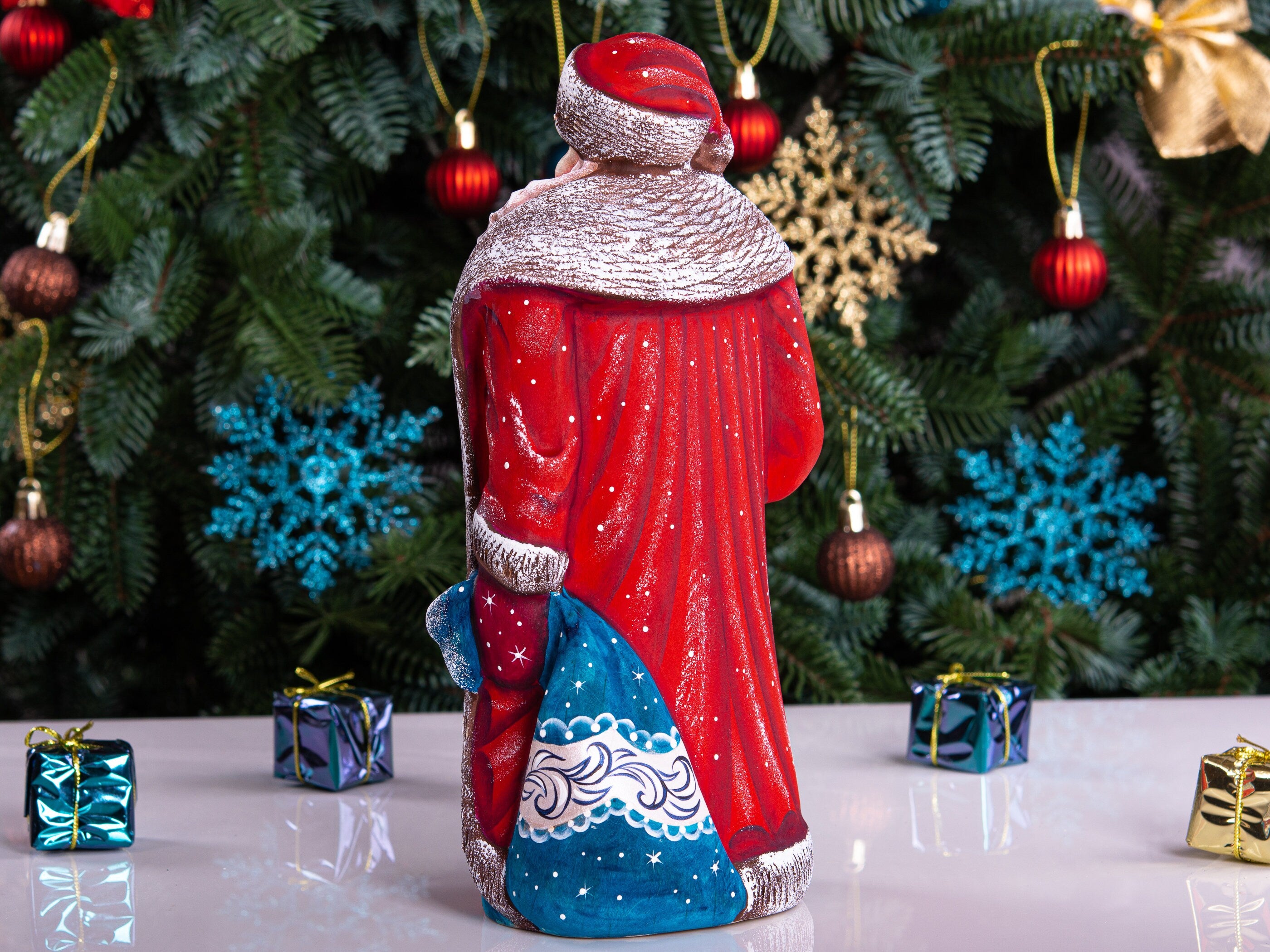 Hand carved Santa wooden figurine 9 inch, Snow Maiden scene, shelf decor