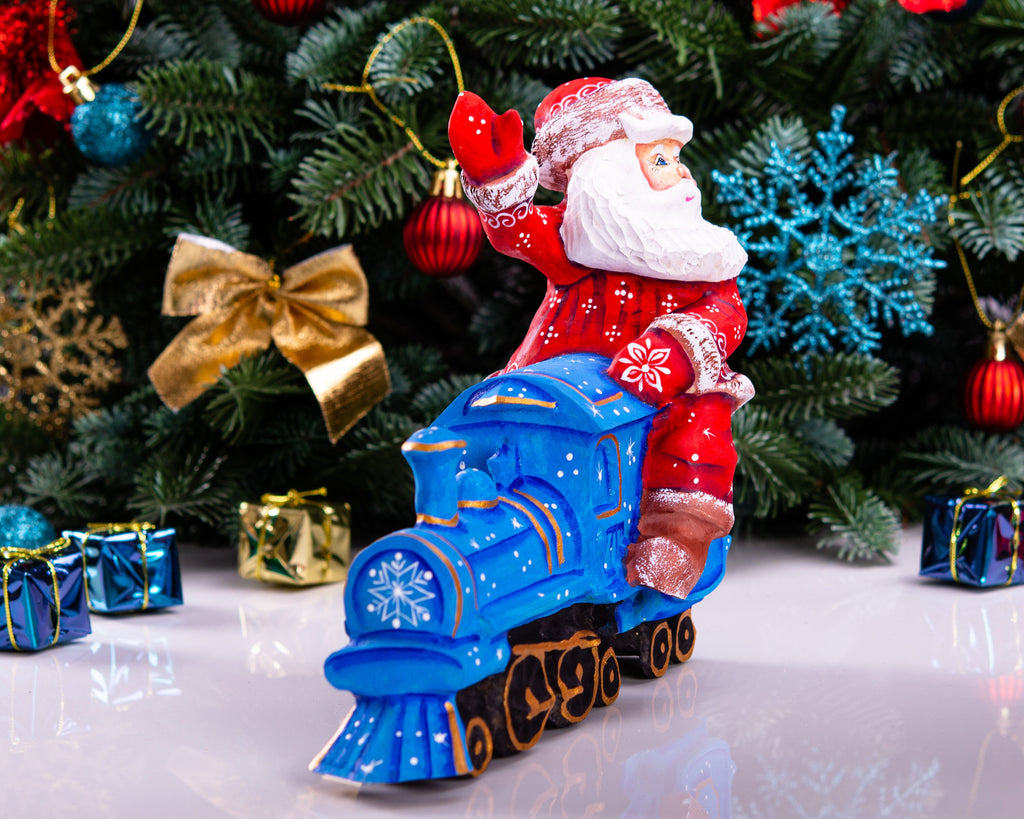 Hand Carved Wooden Santa Claus Figurine: Christmas Train Decor