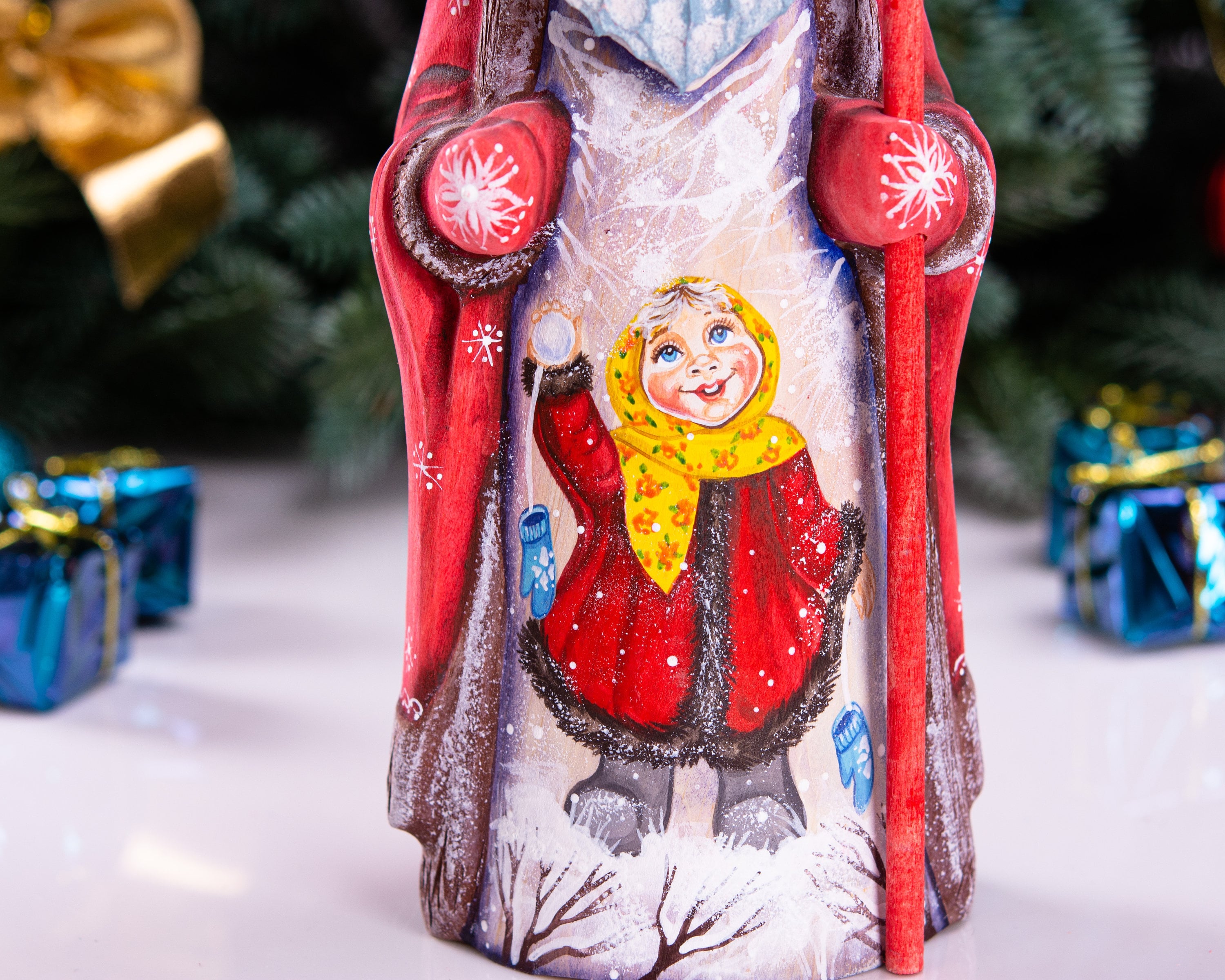 Hand carved Russian Santa figurine 9 inch, winter girl with snowball scene
