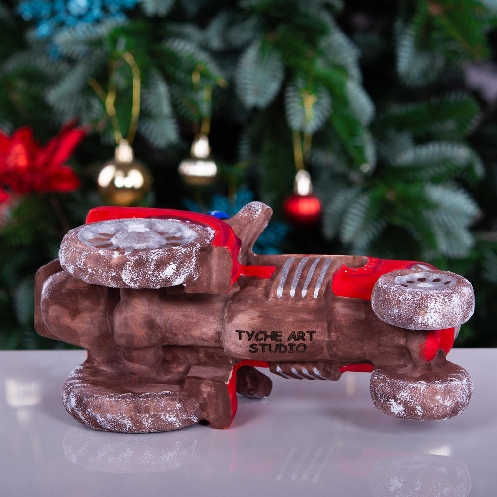 Hand-Carved Wooden Santa Claus Figurine on Tractor: Christmas Home Decor