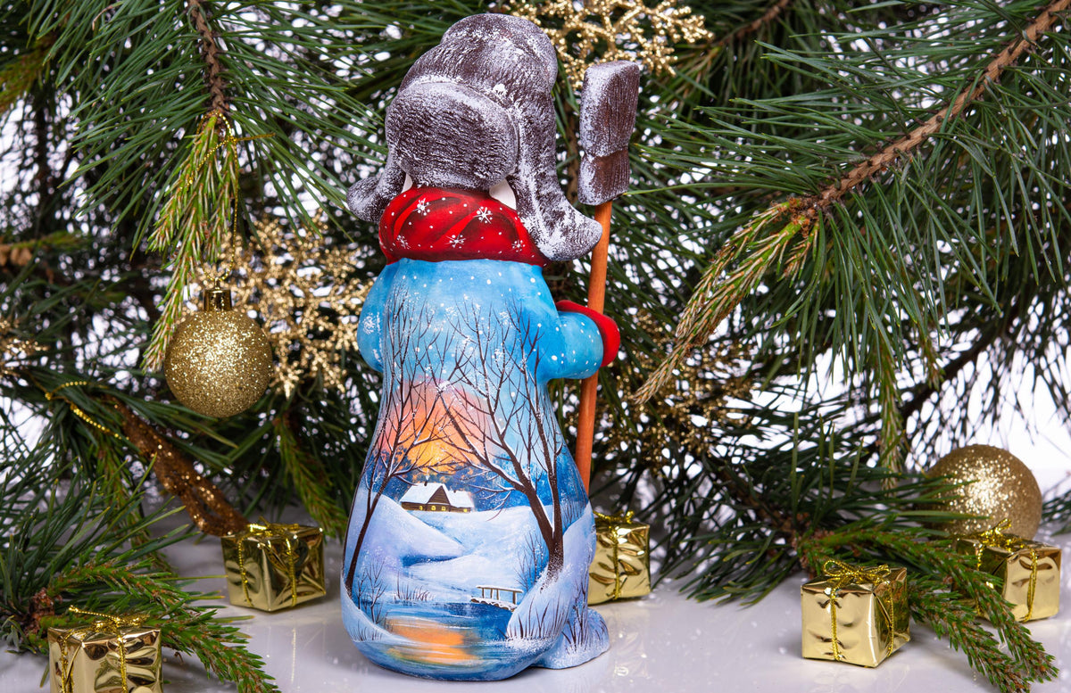 Old World snowman wood carving 9.1 inch, broom, mantel display