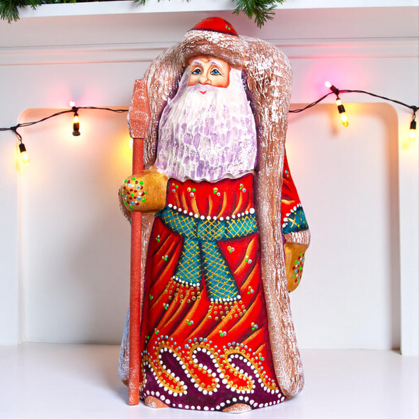 Hand carved Santa wooden figurine 9.5 inch, Christmas mantel decor