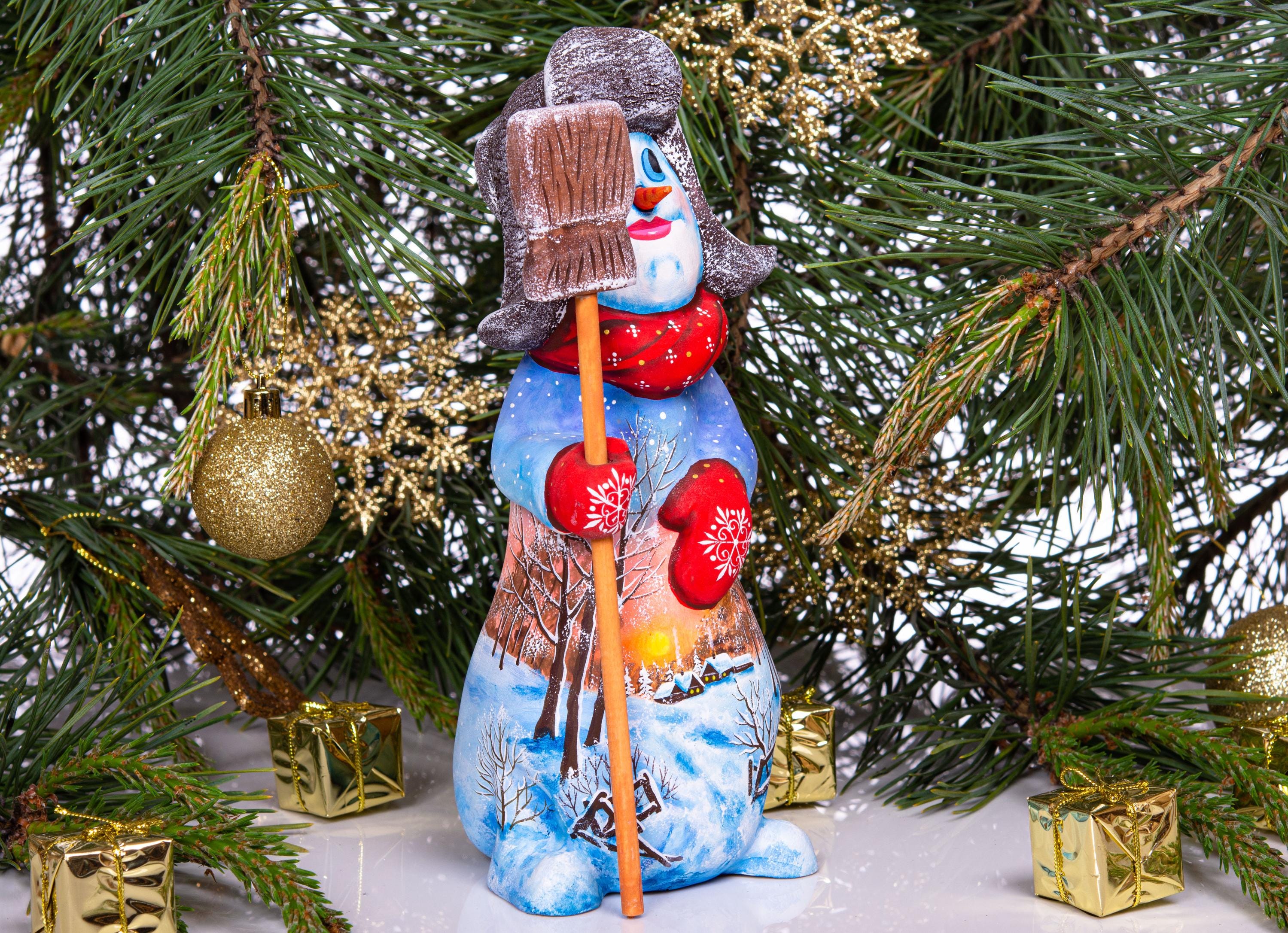 Hand carved snowman wooden figurine 9.1 inch, broom, winter village scene