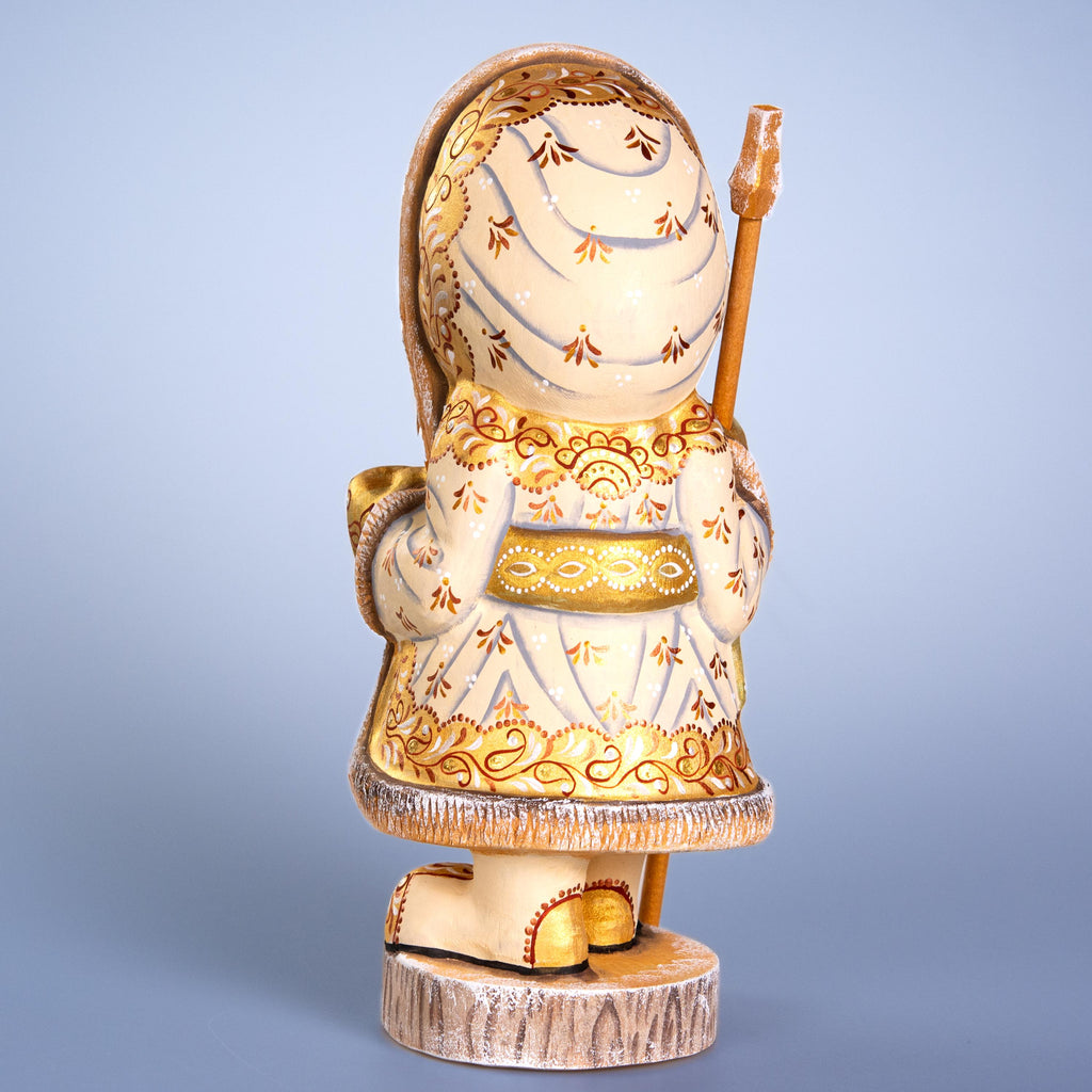 Russian Santa wooden figurine 11 inch, ivory coat, hand painted folk art collectible