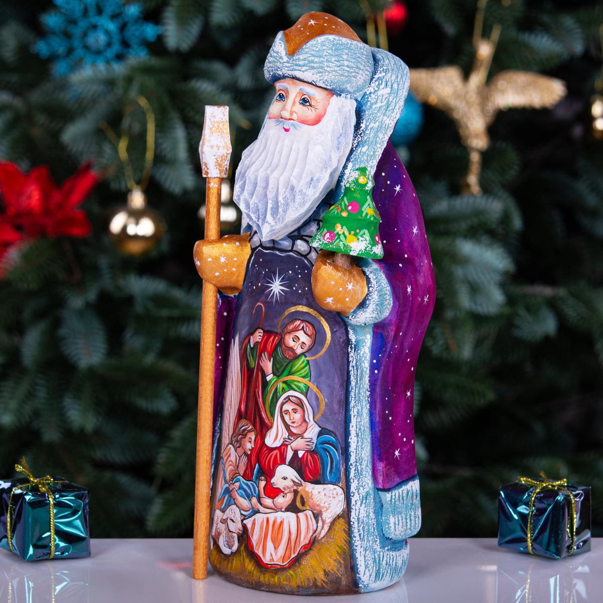 Wooden Santa figurine 9", Nativity Holy Family, Artist Painted Folk Art