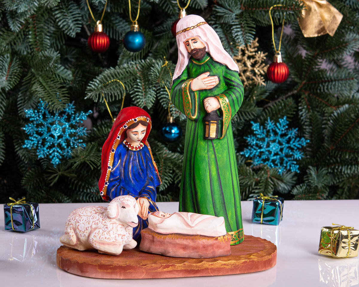 Holy Family Figurine 9.4", Hand Painted Wood, Manger Scene, Christian Mantel Decor