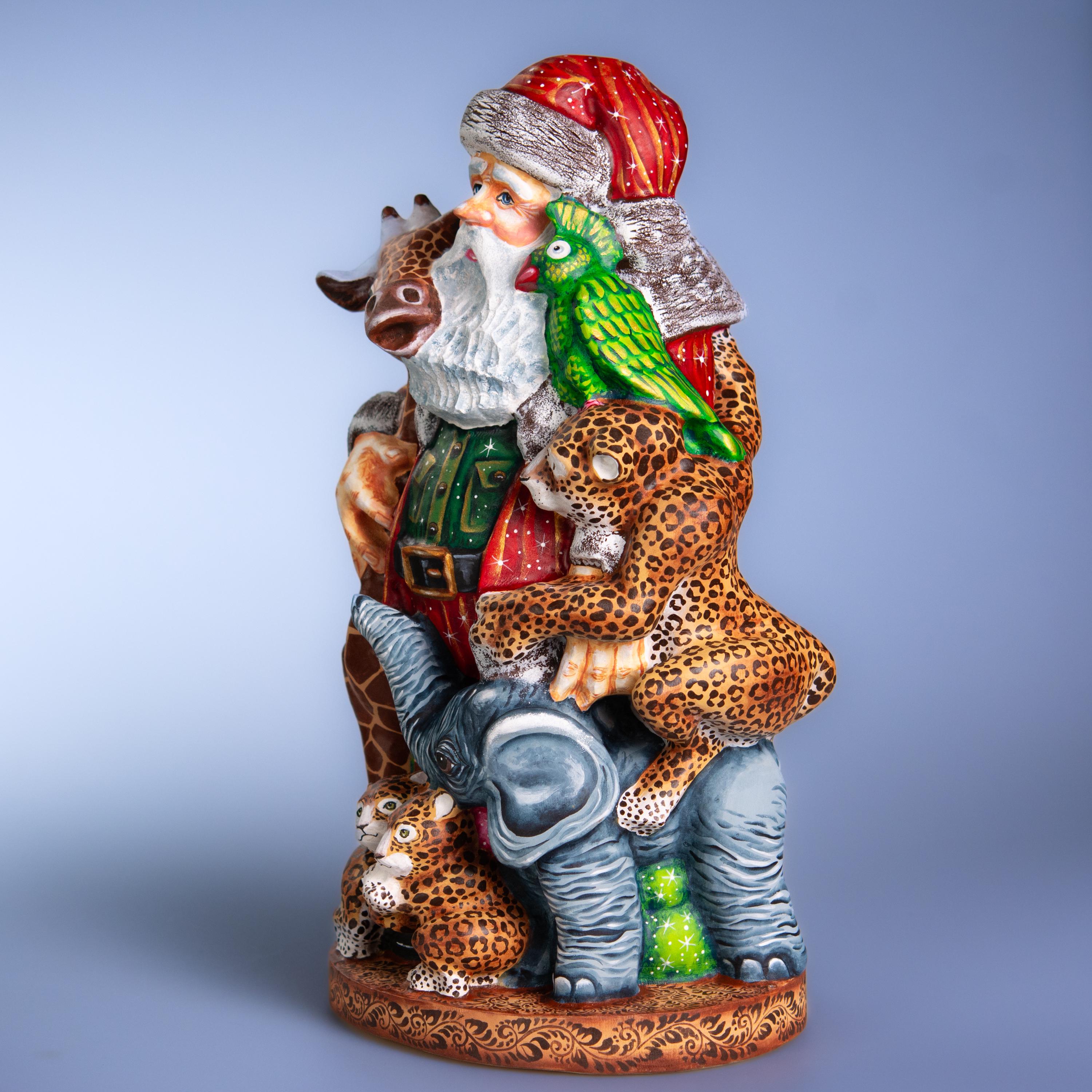 Collector Wooden Santa figure 14 inch, folk art safari animal scene