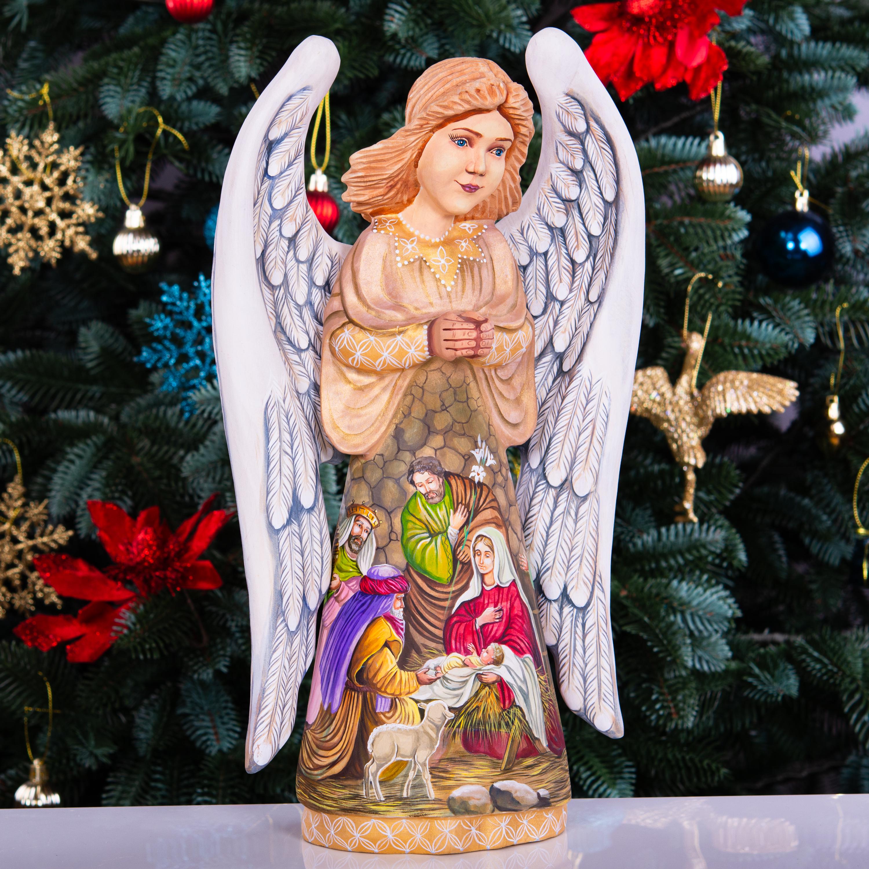 Wooden Angel Statue 12.9", Hand Carved, Nativity Art, Christian Decor