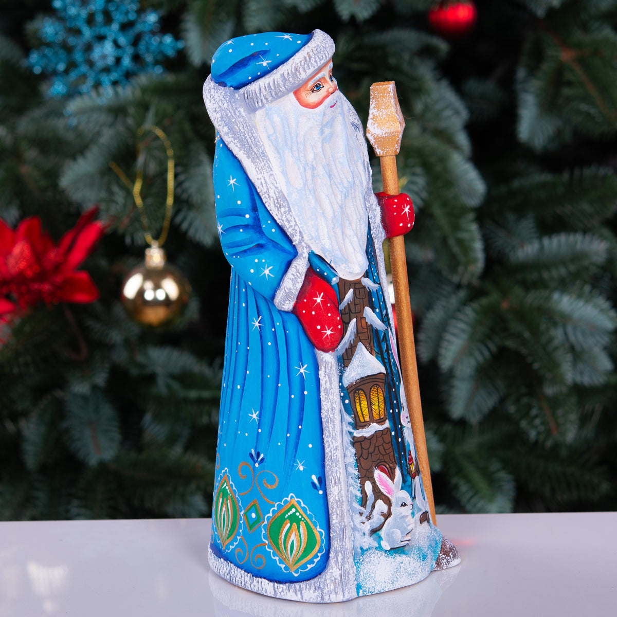 Hand carved Santa wooden figurine 9 inch, rabbits and lantern scene