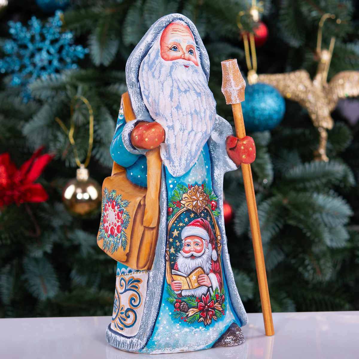 Wooden Santa Figurine Hand Carved 8.7" – Hooded Blue Father Christmas