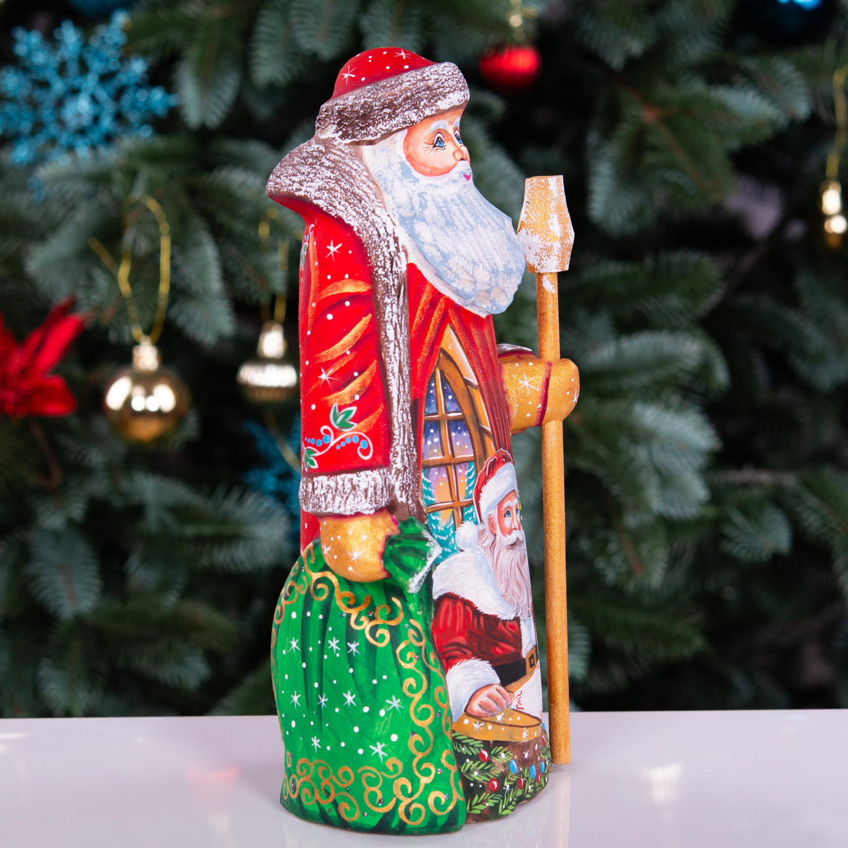 Hand carved wooden Santa, storybook Christmas list vignette, 9.1 inch